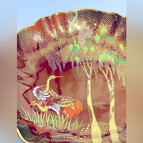 Carlton Ware Rouge Royale Hand Painted Crane/Willow Tree Scene Red Pedestal Dish - Picture 11 of 13